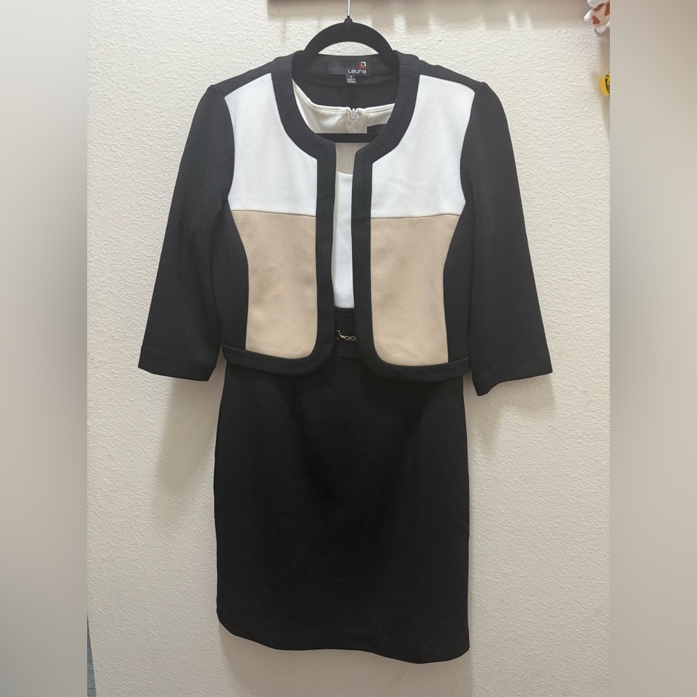 Laura Women's Black and Cream Colorblock dress w/mini jacket size 8-knee length